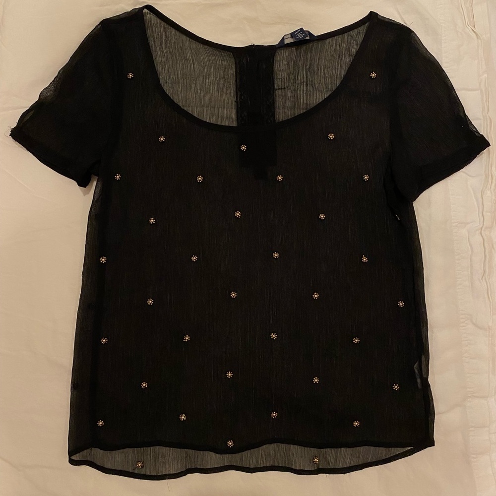 Sheer Black Short Sleeve Beaded Top